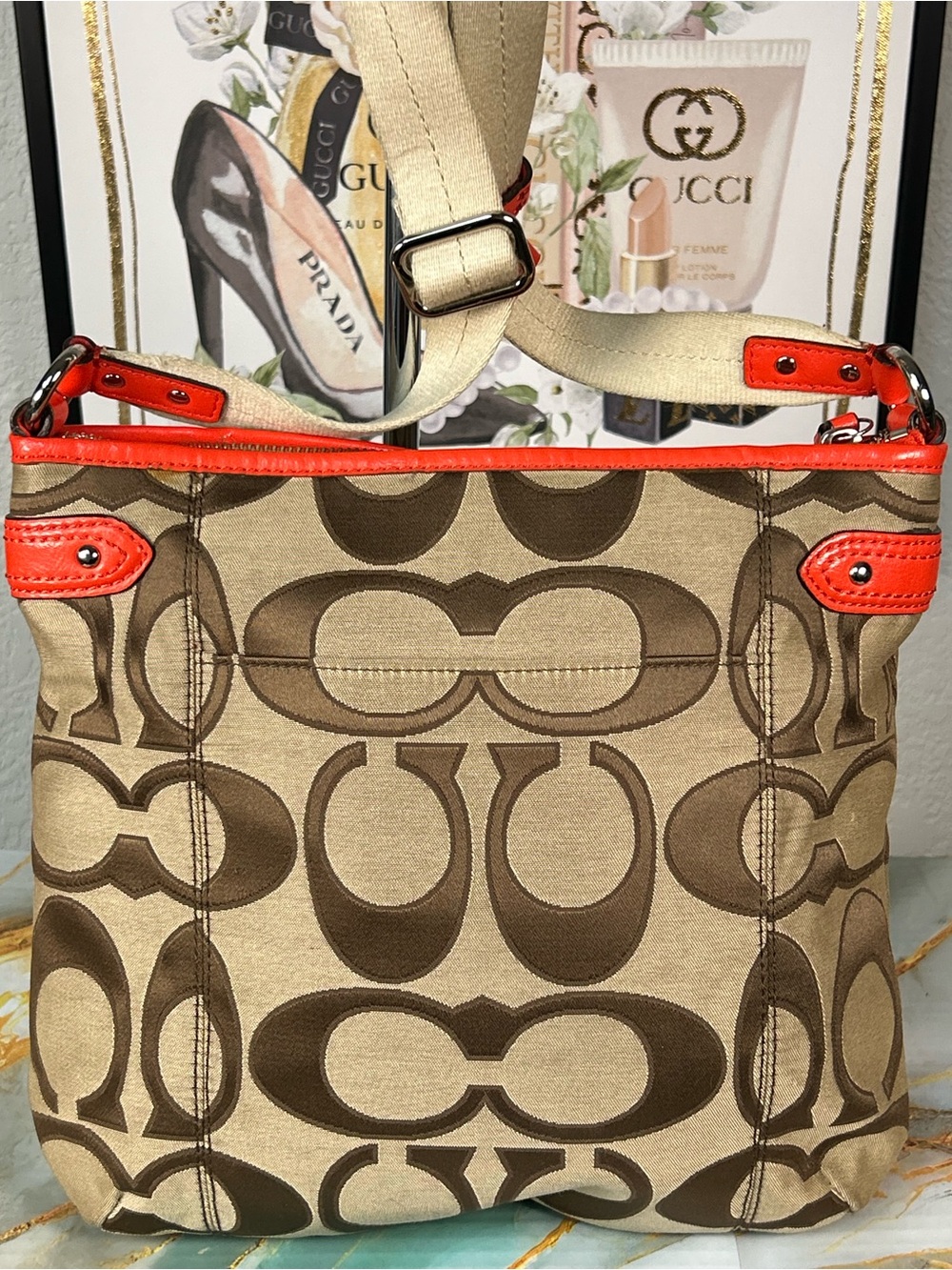 COACH 2013 Daisy Signature File Crossbody Bag in Khaki & Coral 😍🧡 - Picture 9 of 17